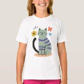 T-shirt Sage Green Cat Boho Floral Mid Century Art (Devant)