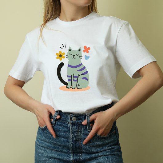 T-shirt Sage Green Cat Boho Floral Mid Century Art