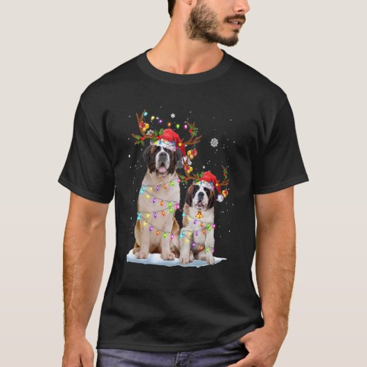 T-shirt Saint Bernard Reindeer Santa Hat Xmas Lights Chris (Devant)