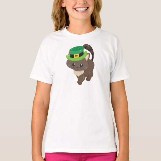 T-shirt Saint Patrick's Day, Chat Brown, Casquette Leprech (Devant)