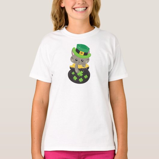 T-shirt Saint Patrick's Day Chat, Clovers, Pot D'Or (Devant)