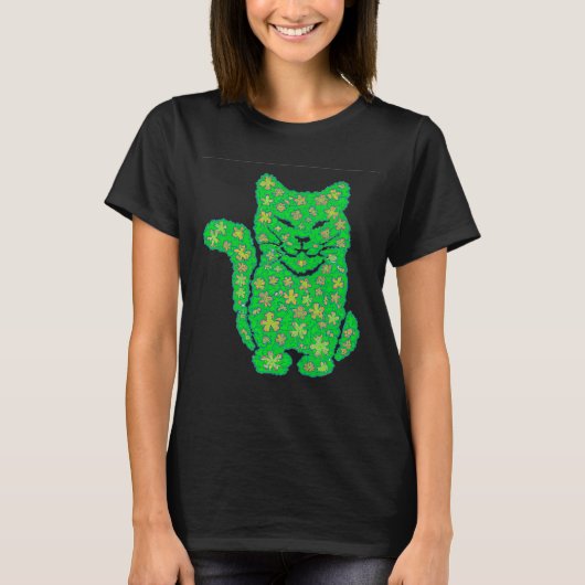 T-shirt Saint Patrick's day Chat Silhouette Green Shamrock (Devant)