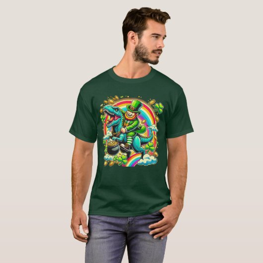 T-shirt Saint Patrick's Day Leprechaun équitation Dinosaur (Devant entier)
