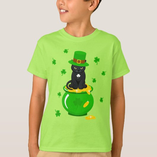 T-shirt Saint Patrick's Day Shamrock Pot of Gold Black Cat (Devant)