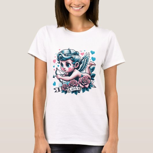 T-shirt Saint Valentin mignon rose turquoise cupide (Devant)