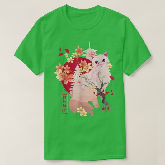 T-shirt Sakura cat Tree Blossoms Japanese art Retro 80s Ja (Design devant)