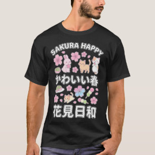 T-shirt Sakura Happy Kawaii Chat Lapin Fleur de Cerisier