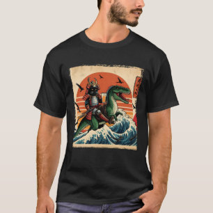 T-shirt Samouraï au Chat Noir Chevauchant un Dinosaure Imp