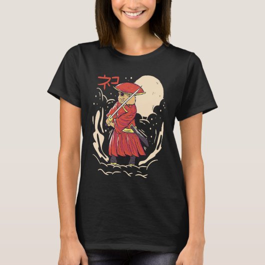 T-shirt Samurai Cat Illustration  Japanese Cute Graphic (Devant)