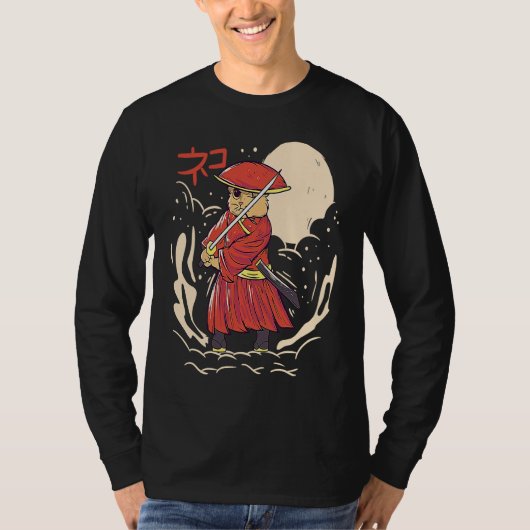 T-shirt Samurai Cat Illustration  Japanese Cute Graphic (Devant)