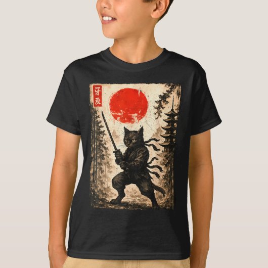 T-shirt Samurai Cat Japanese Mens Boys Kids Graphic Anime  (Devant)