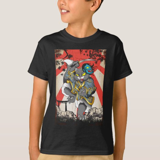 T-shirt Samurai Japonais Chat Swordsman Ninja Kitten (Devant)