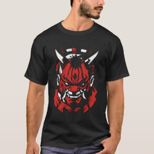 T-shirt Samurai Oni Masque Anime Rouge Blanc Kanji Aka À S