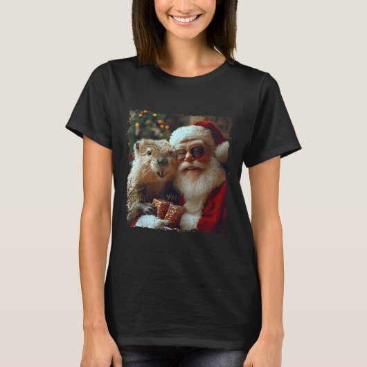 T-shirt Santa And Beaver Selfie Funny Christmas Design (Devant)