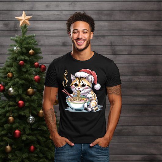 T-shirt Santa Cat Eating Ramen Cute Christmas Kitty