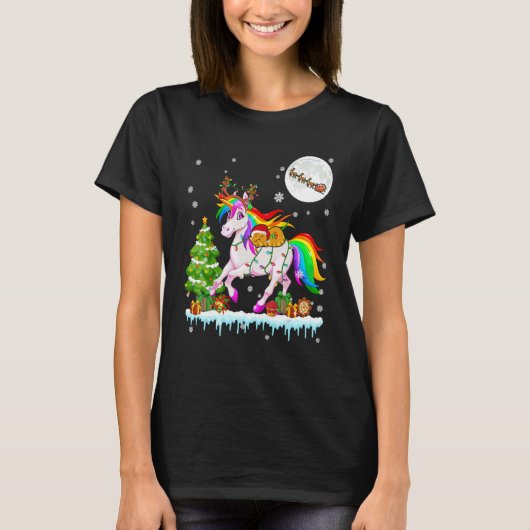 T-shirt Santa Cat Ridding Reindeer Unicorn Christmas Tree (Devant)