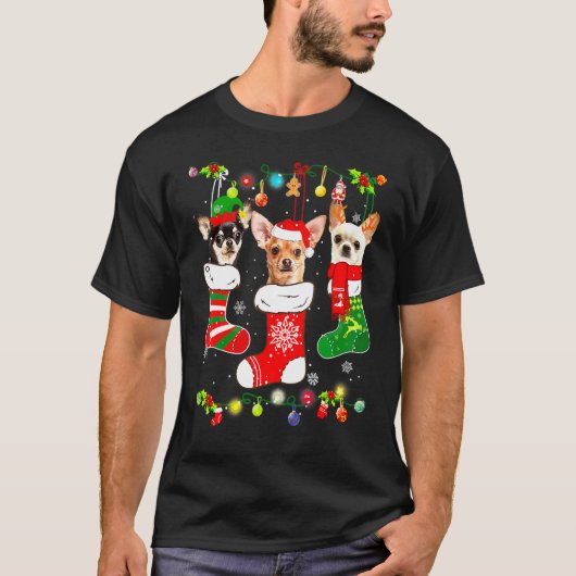 T-shirt Santa Chihuahua Puppy Christmas Lights Socks Xmas  (Devant)