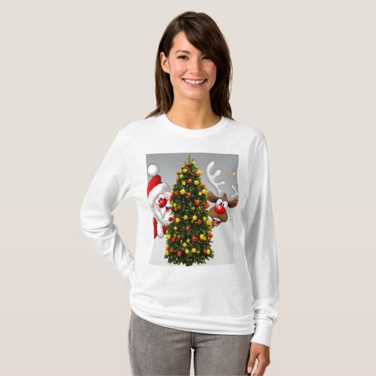 T-shirt Santa claus and reindeer behind a christmas tree.j (Devant entier)