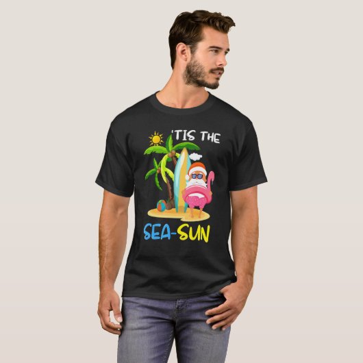 T-shirt Santa Claus Flamant rose Float Tis The Sea Sun Chr (Devant entier)