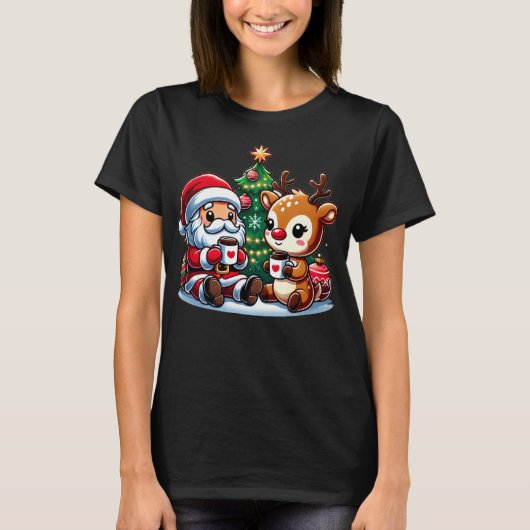 T-shirt Santa Claus Mignonne Et Renard Rouge À Nez Boire T (Devant)