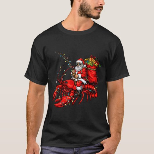 T-shirt Santa Claus Riding Lobster Lights Christmas Fishin (Devant)