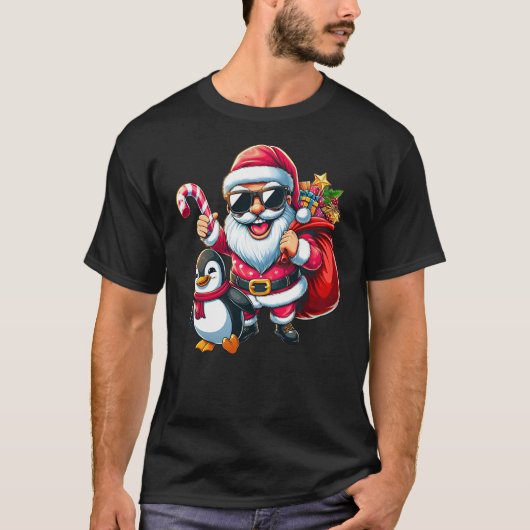 T-shirt Santa Claus with Penguin Funny Christmas Boys Girl (Devant)