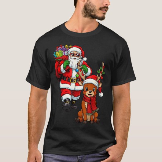 T-shirt Santa Claus With Reindeer And Cool Christmas  (Devant)