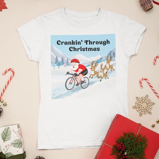 T-shirt Santa Cycling in the Mountains With Reindeers