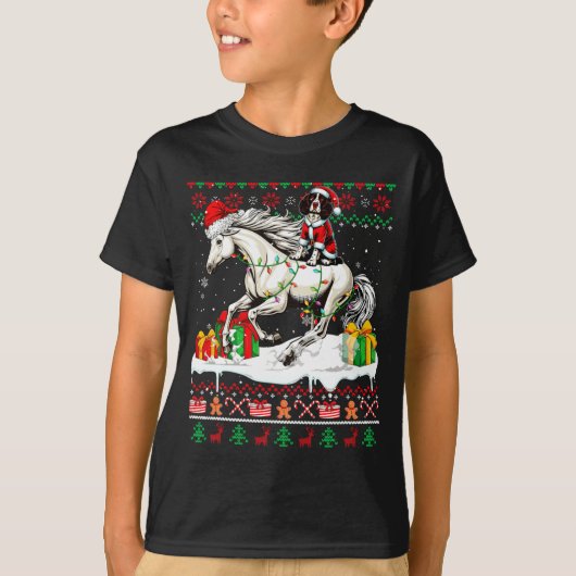 T-shirt Santa English Springer Spaniel Riding Horse Xmas S (Devant)