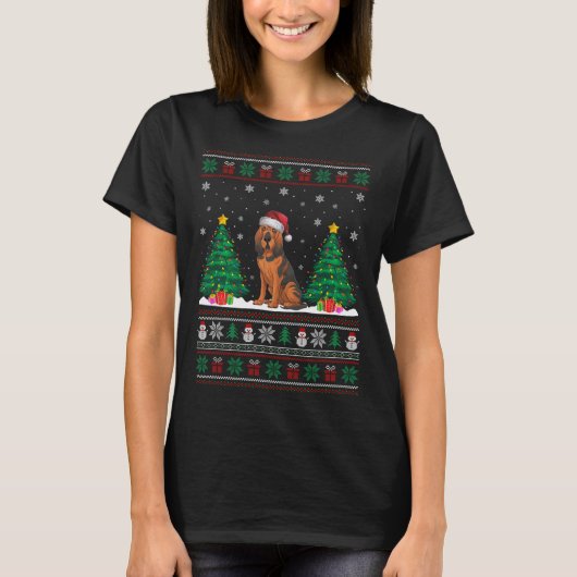 T-shirt Santa Hat Bloodhound Chien Christmas Tree Lumières (Devant)