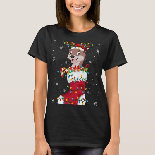 T-shirt Santa Hat Otter Animal In Socks Xmas Tree Lights (Devant)