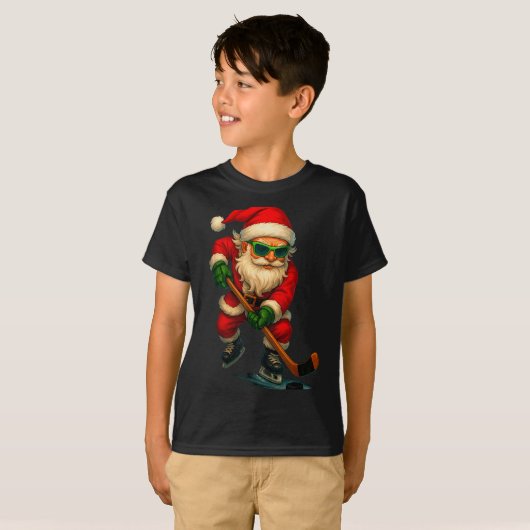 T-shirt Santa Ice Hockey Player Christmas Xmas Boys Men Bo (Devant entier)