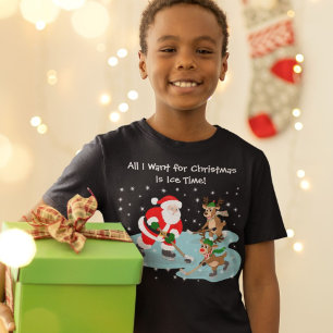 T-shirt Santa jouant au hockey avec des rennes de Noël