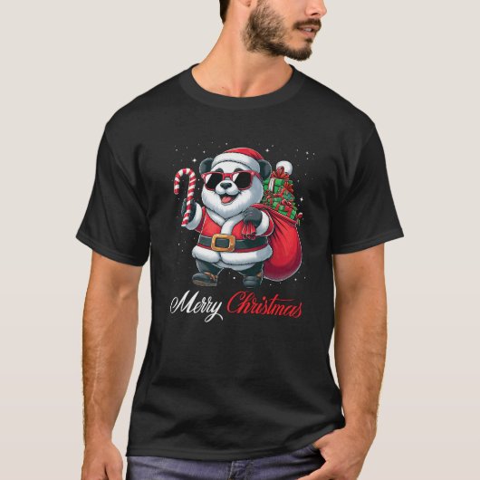 T-shirt Santa Panda Sunglasses Candy Cane Merry Christmas (Devant)