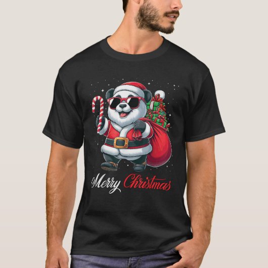 T-shirt Santa Panda Sunglasses Candy Cane Merry Christmas (Devant)