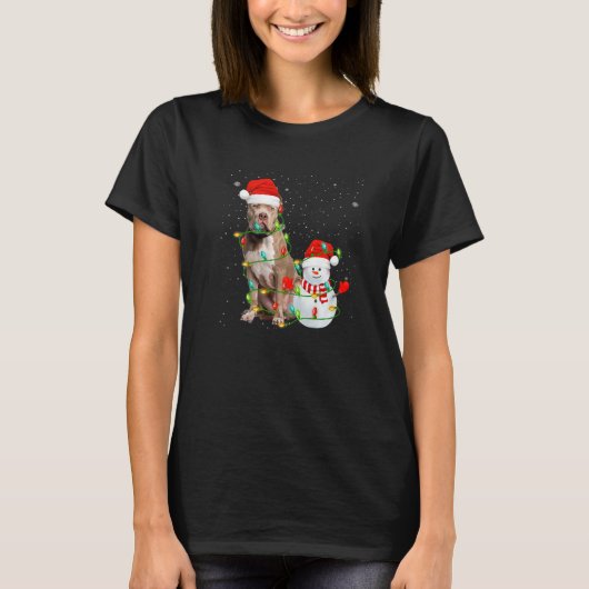 T-shirt Santa Pitbull Terrier Dog Snowman Xmas Tree Lights (Devant)