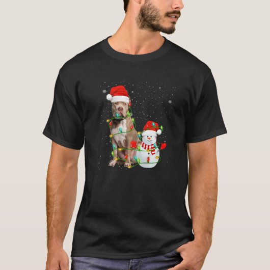 T-shirt Santa Pitbull Terrier Dog Snowman Xmas Tree Lights (Devant)