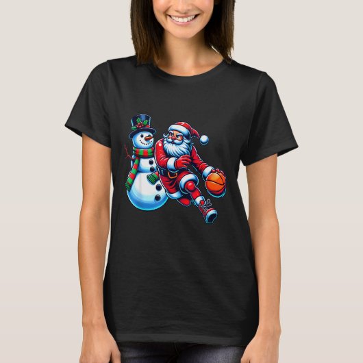 T-shirt Santa Playing Basketball With A Snowman Christmas (Devant)