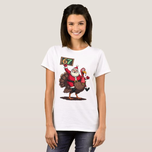 T-shirt 🎅🦃 Santa Riding a Turkey with Number 67 Funny (Devant entier)
