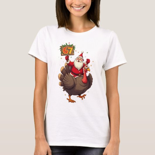 T-shirt 🎅🦃 Santa Riding a Turkey with Number 67 Funny  (Devant)