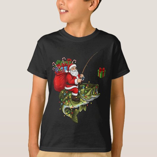 T-shirt Santa Riding B Fish Christmas Fishing Funny Xmas P (Devant)