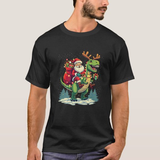T-shirt Santa Riding Dinosaur T rex Deer Xmas Lights pajam (Devant)