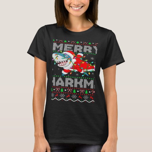 T-shirt Santa Shark Christmas Lights Ugly Merry Sharkmas (Devant)