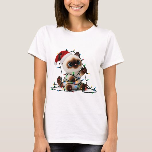 T-shirt Santa Siamese Cat Tangled in Christmas Lights (Devant)