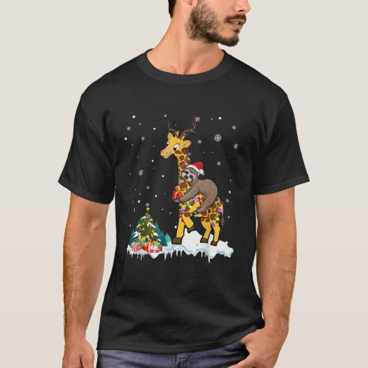 T-shirt Santa Sloth Riding Giraffe Reindeer Xmas Light Lov (Devant)