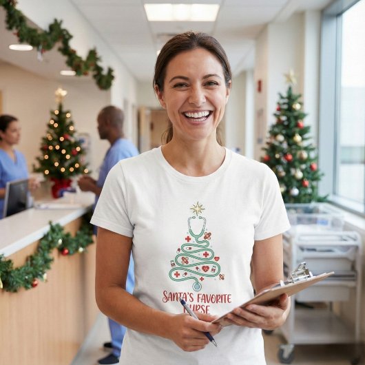T-shirt Santa's Favorite Nurse Cute Stethoscope Tree