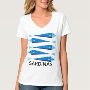 T-shirt Sardines de poisson bleu dessus blanc