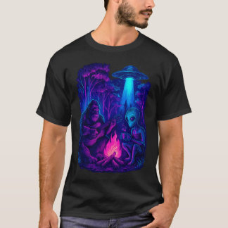 T-shirt Sasquatch Bigfoot Guitare Et Extraterrestre Au Feu