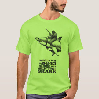 T-shirt Sasquatch montant un grand requin blanc