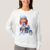 T-shirt Sassy Biker Girl avec cheveux rouges et moto (Devant)